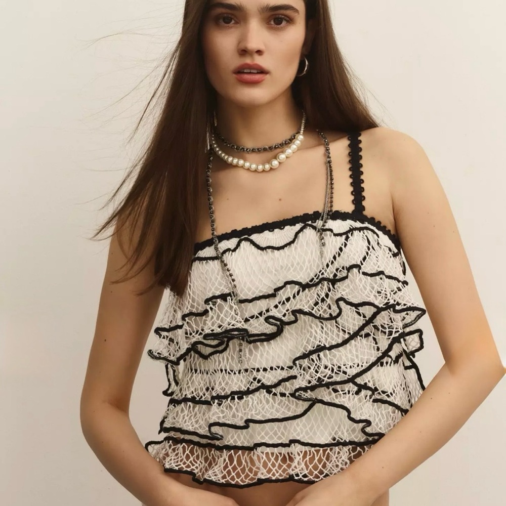 Anthropologie White and Black Crochet Ruffle Camisole - Picture 2 of 11
